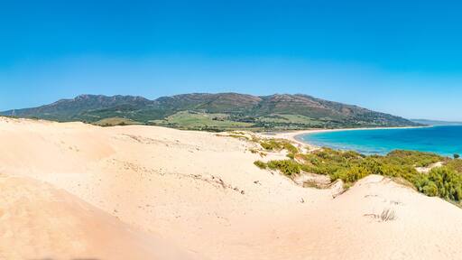 Panorama of the big dune of Valdevaqueros in Tarifa and Punta Paloma and Valdevaqueros beaches. Impressive nature landscape of the coast of Cadiz in Andalusia, Spain