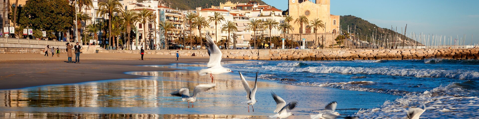 Una playa con gaviotas, un pueblo costero y una imponente torre de iglesia.
