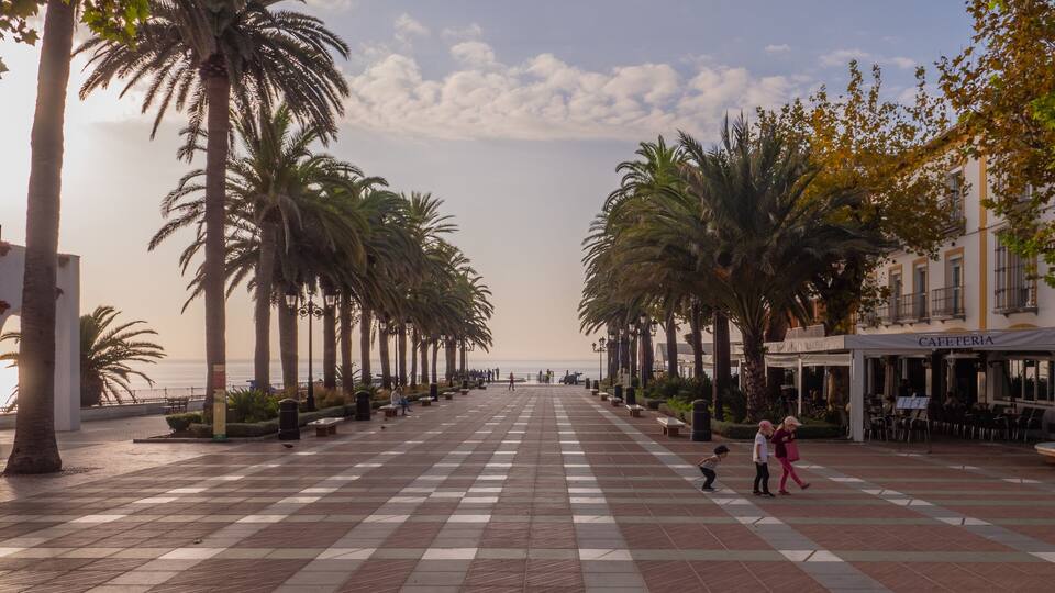 palm trees at the Plaza Balcon De Europa, the balcony of europe in nerja at sunrise, spain