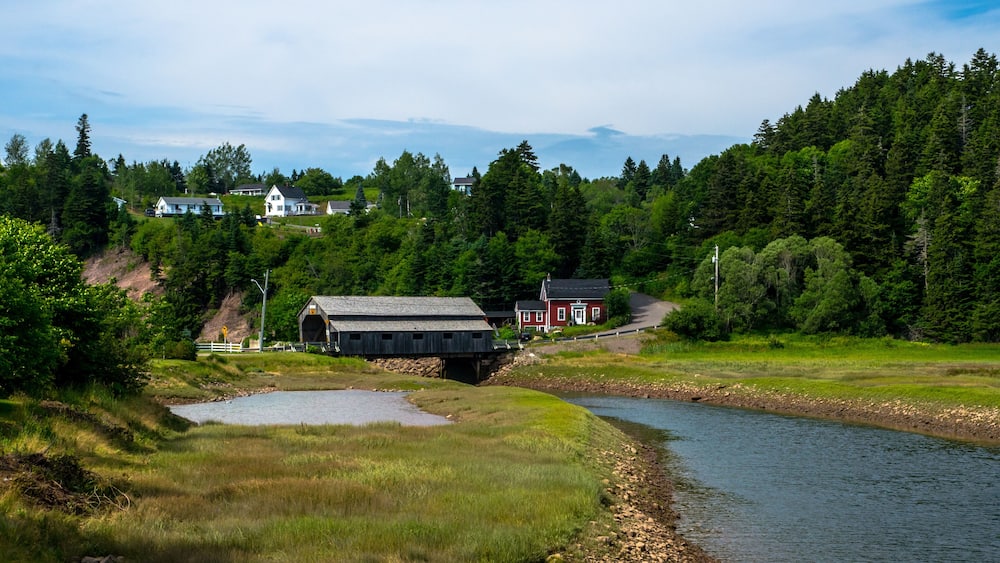 A riverbank with a wooden bridge, a red house, and a white house in a forested area.