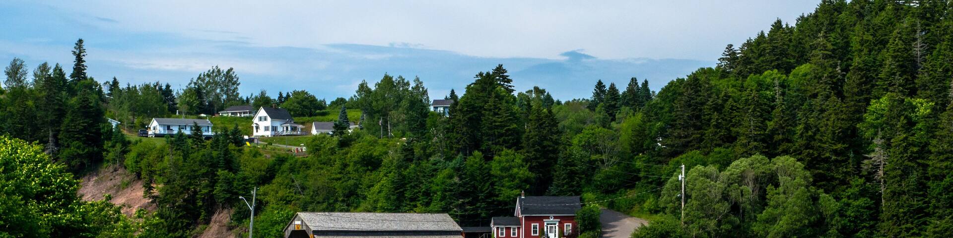 A riverbank with a wooden bridge, a red house, and a white house in a forested area.