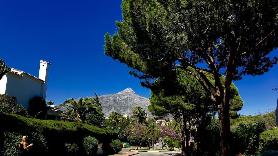 A residential street with a mountain in the background.