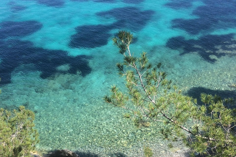 A coastal landscape with clear turquoise waters, rocky shore, and sparse vegetation.