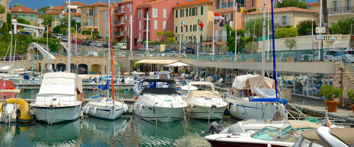 A marina with boats docked, colorful buildings, and flags.