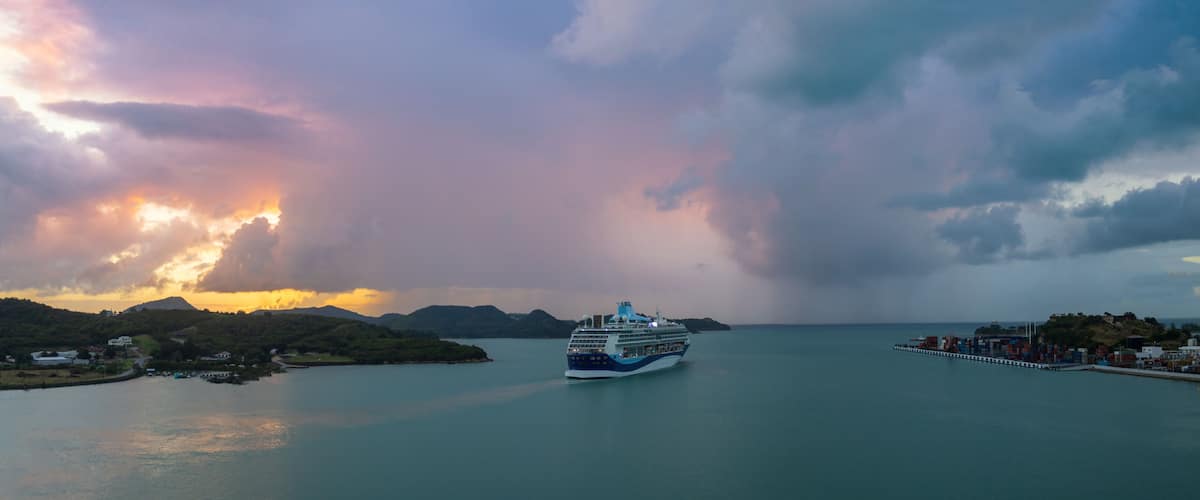 Cruise ship Caribbean vacation. Saint Croix Frederiksted US Virgin Islands panoramic shoreline.