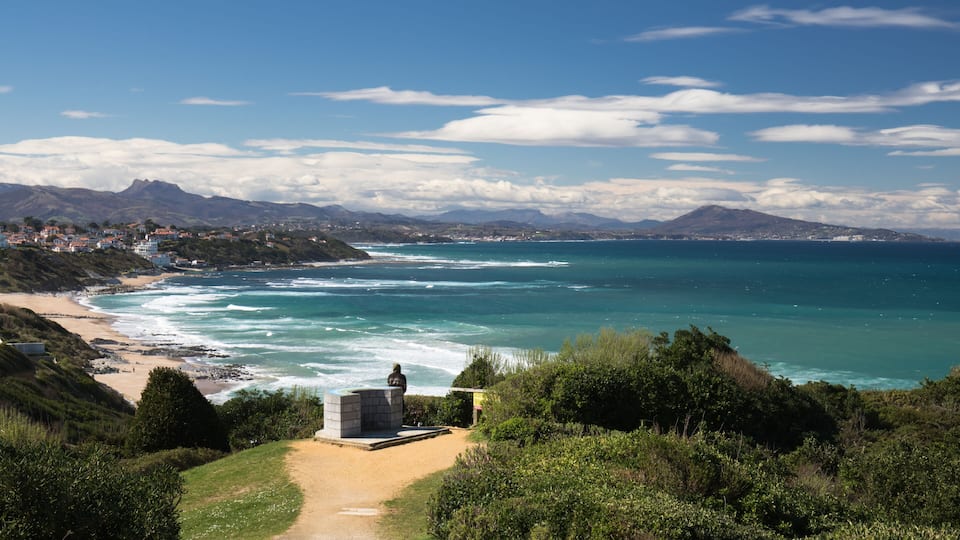 scenic atlantic coastline in sunny blue sky in bidart, basque country, france