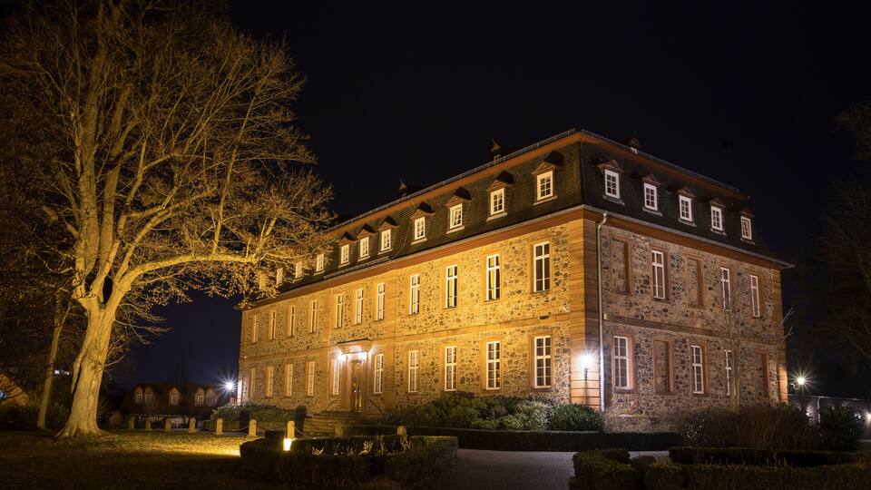 A large stone building with multiple windows and a prominent tree in the foreground.