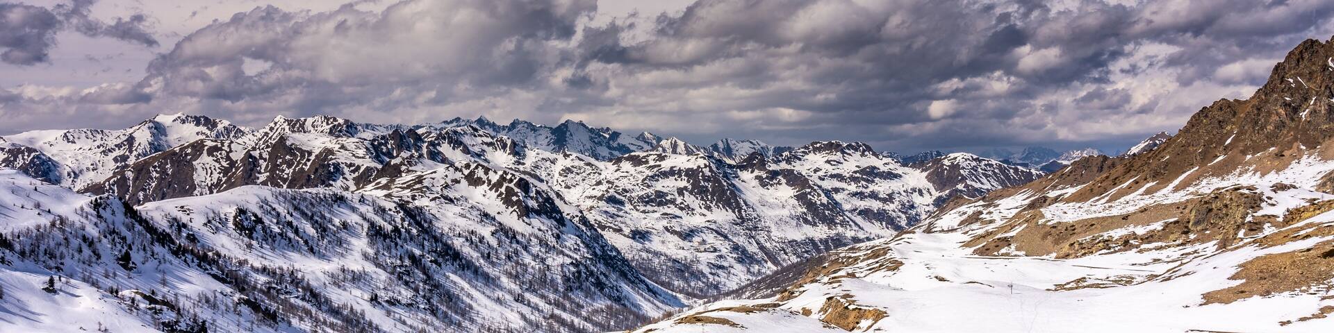 snowy mountains panorama in ski resort isola 2000, france