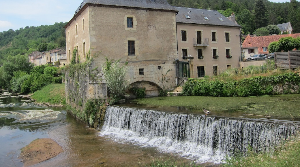 Typical Dordogne panorama (Library of Le Bugue) with waterfall near Le Buge