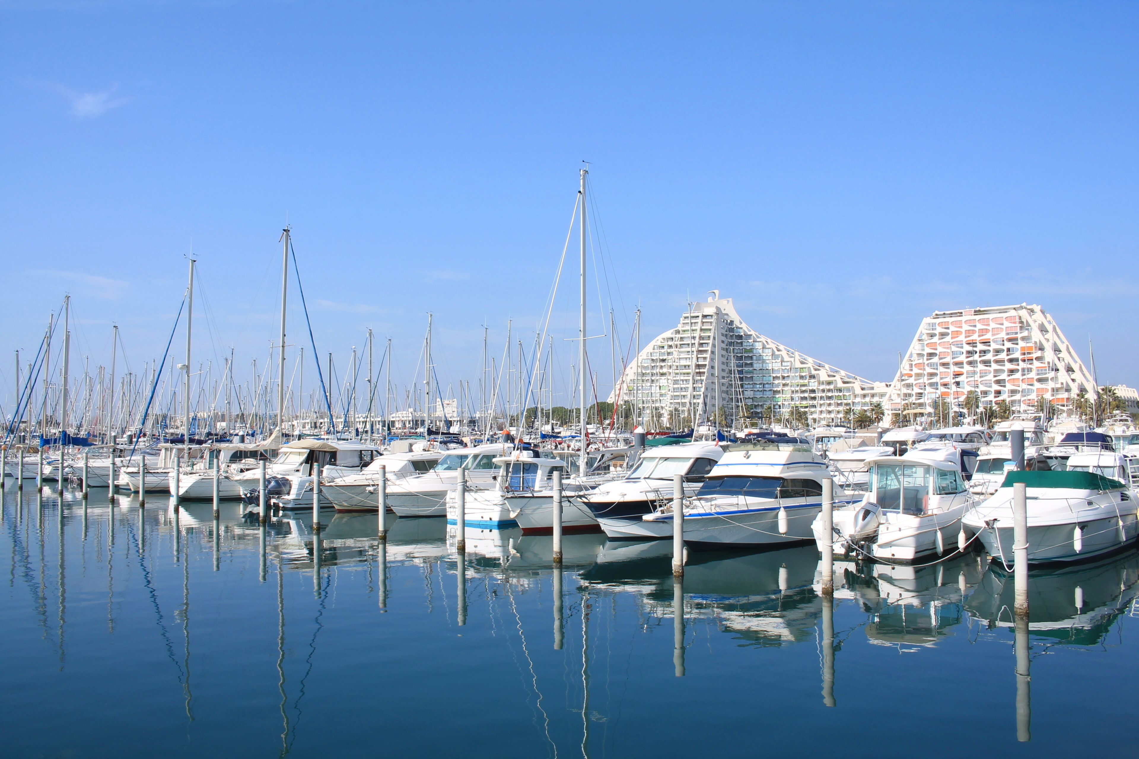 La Grande-Motte, a commune in the Herault departement in Occitanie in southern France. It is a popular seaside resort, marina and leisure center, one of the favorite resorts near Montpellier