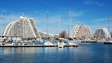 Marina com barcos a vela e edifícios modernos com arquitetura singular.
