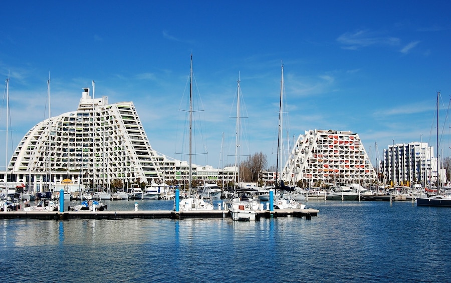 The harbor of La Grande Motte, France In the harbour of la Grande Motte holiday resort in the Languedoc Roussillon region, South of France, Europe