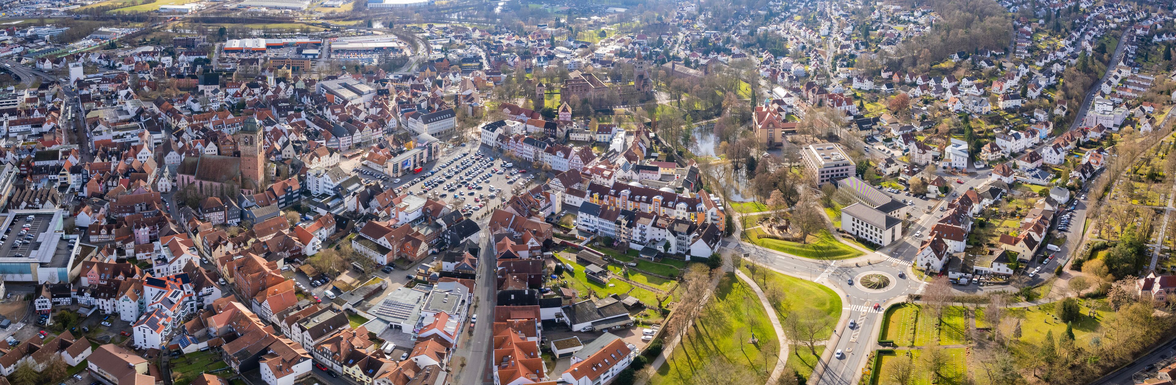 Aerial view of the old town  Bad Hersfeld in Germany on a sunny afternoon in autumn