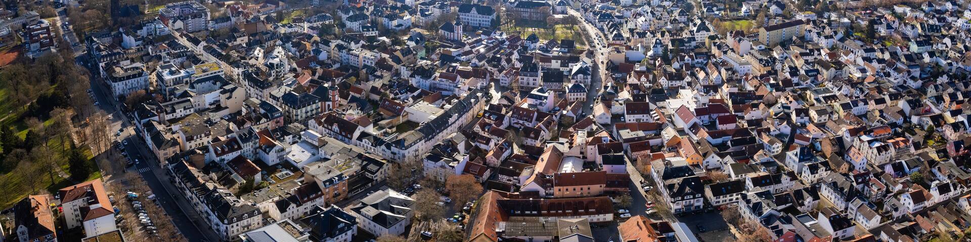 Aerial view of the old town Bad Nauheim in Germany on a sunny afternoon in autumn
