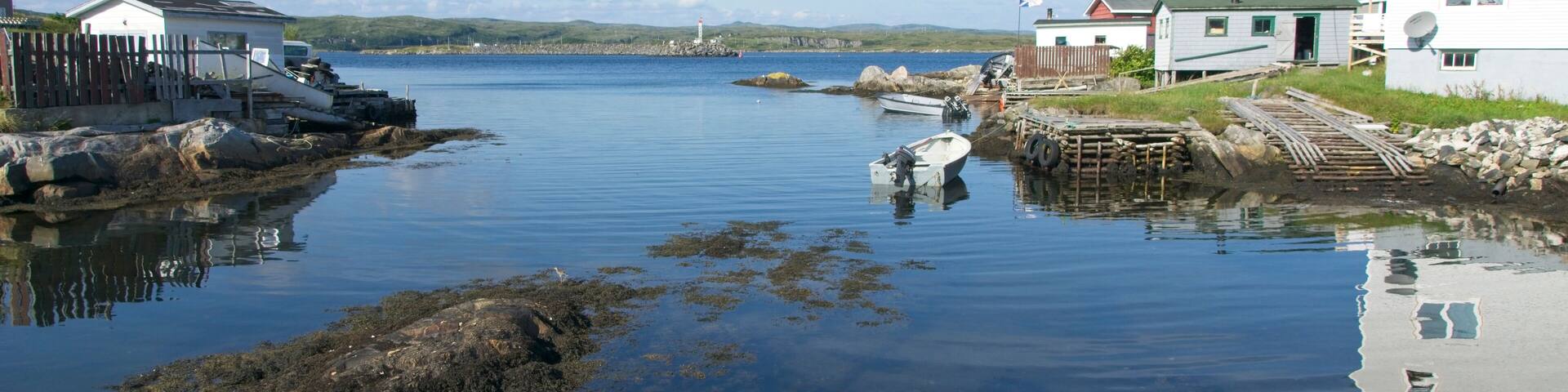 A calm lake with rocks and houses along the shore.