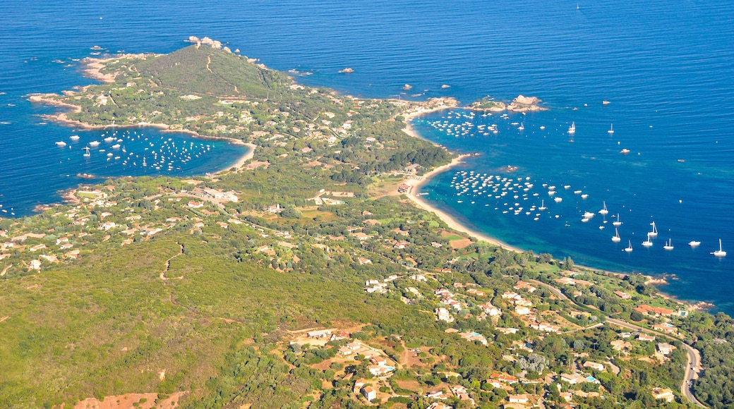 Aerial shot of Porticcio Isolella Pietrosella beach in Corsica near Ajaccio taken from a plane on a summer day