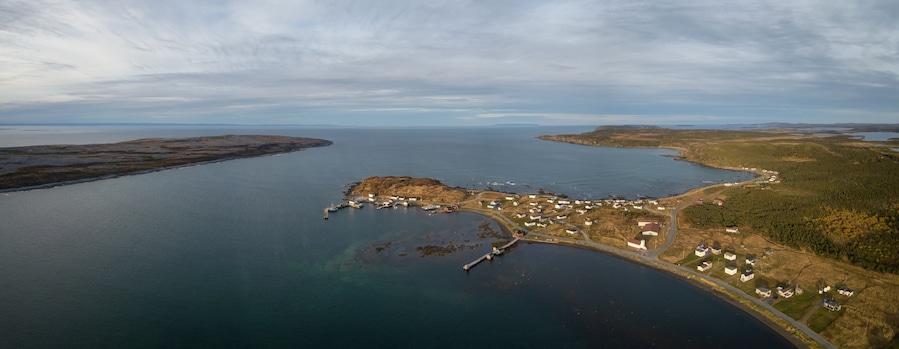 An aerial view of a coastal village with a pier, houses, and surrounding forested landscape.