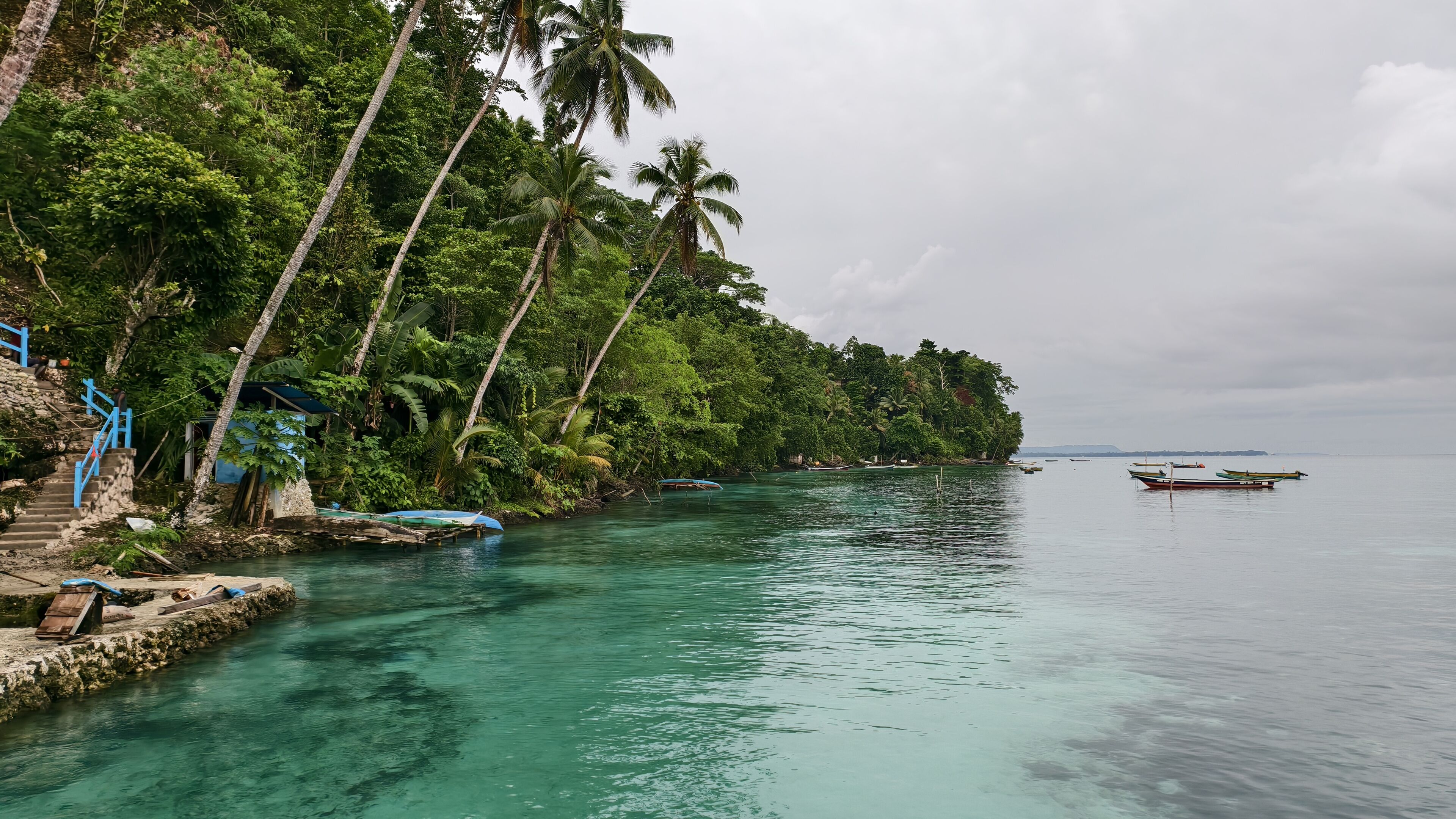 A beautiful beach, with clear sea water, trees, wooden boats, coconut trees and a slightly cloudy sky. Raja Tiga Sabado Adoki Beach