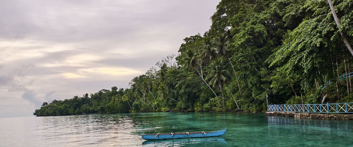 A calm sea with a small blue boat anchored near a forested island.