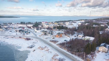 A snow-covered town by a frozen lake with houses and a road.