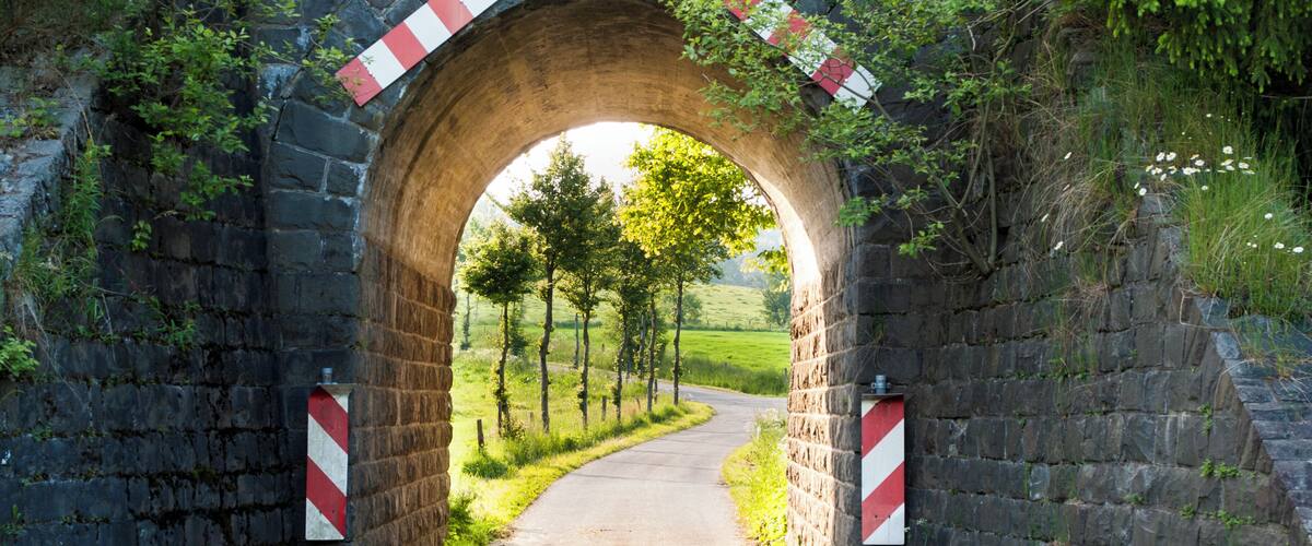 Weg in der NĂ€he des Naturschutzgebiets âBiggequellgebietâ (Nordrhein-Westfalen) nach RothemĂŒhle (Ortsteil von Wenden, Nordrhein-Westfalen); StraĂenunterfĂŒhrung/EisenbahnbrĂŒcke der stillgelegten Bahnstrecke FinnentropâFreudenberg; abgebildeter Bereich im Naturpark Ebbegebirge