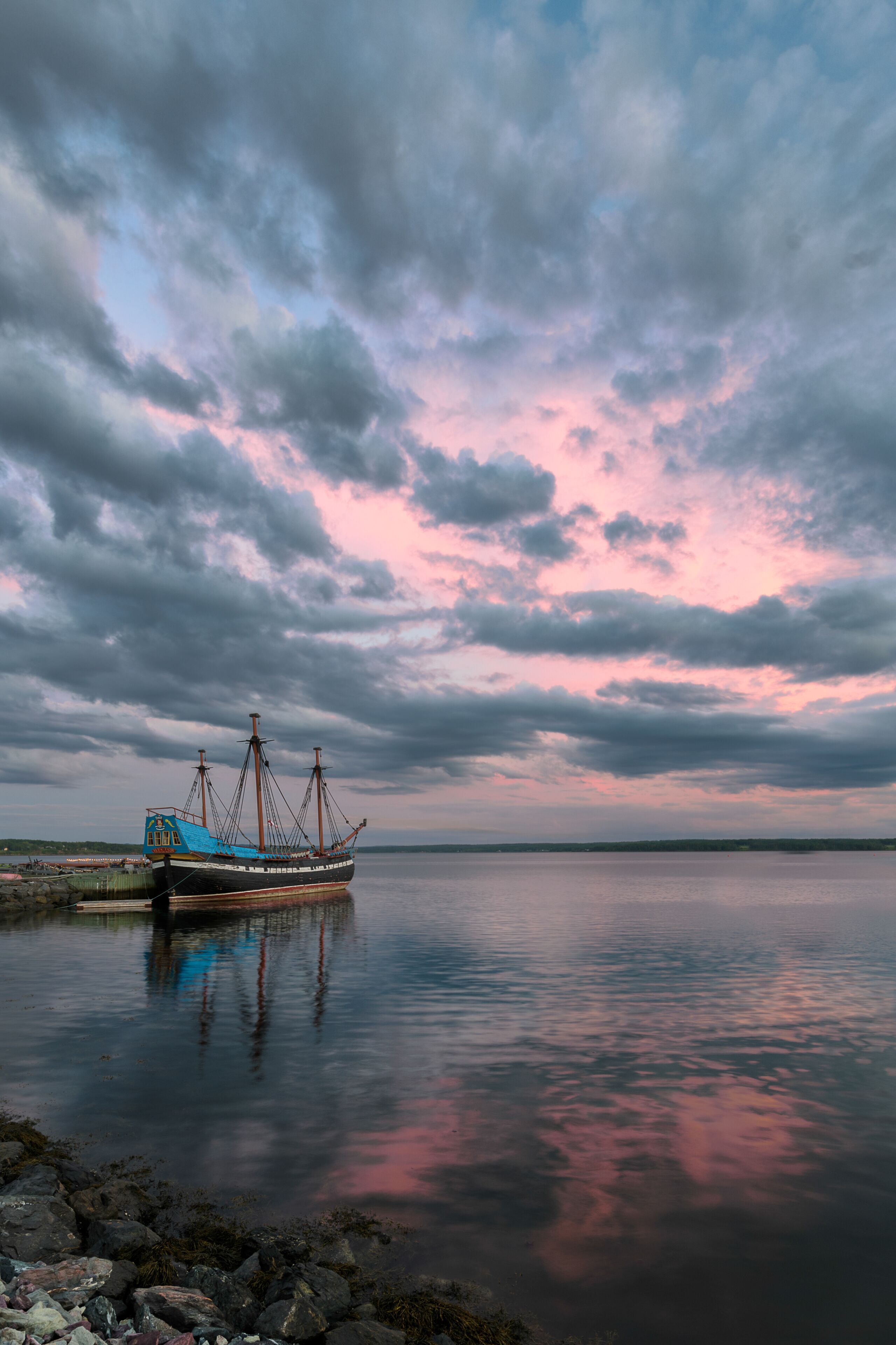 Ship Hector replica at sunset in Pictou, Nova Scotia