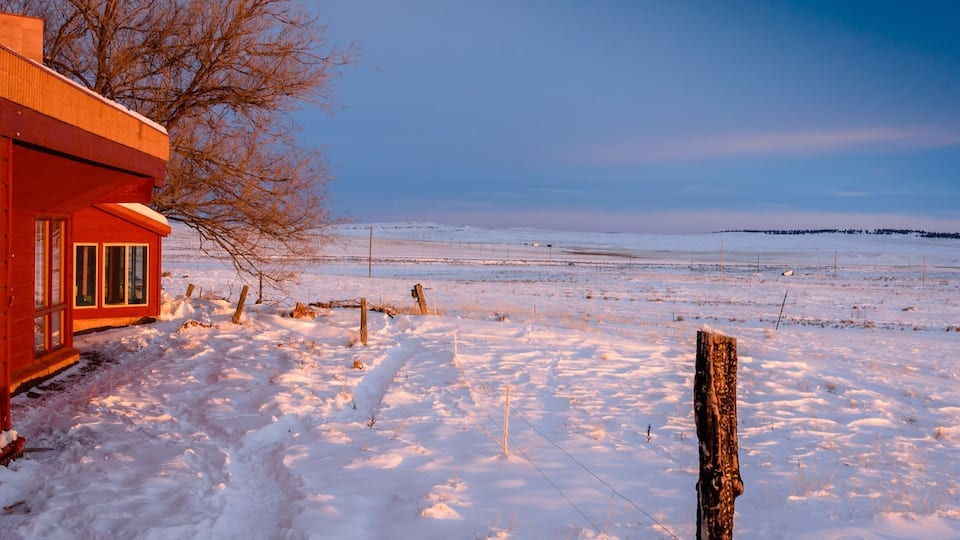My friends ranch on Highway 87 Shepherd, Billings. The ranch house is an early style echo use partially buried into the ground. If faces South and the setting sun shines beautifully across the front of it. One of only two trees in the vacinity huddles up against the house.