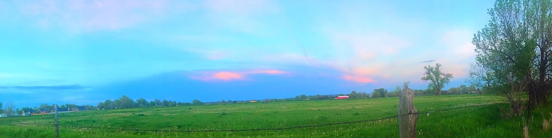 A green field with a fence, trees, and a red building in the distance.
