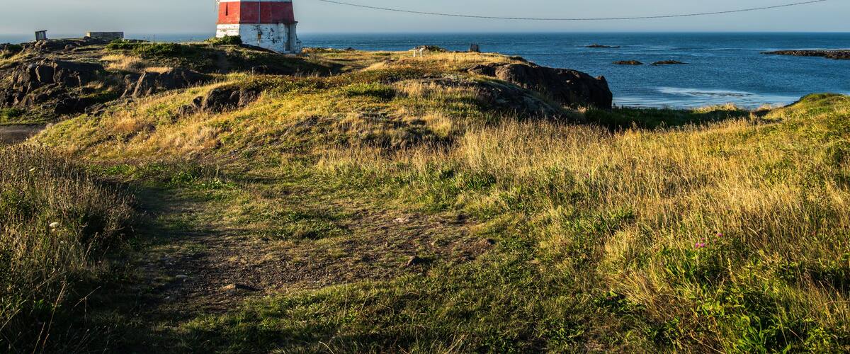 Red-and-white striped lighthouse on the rocky coast of Brier Island, overlooking the Atlantic Ocean under a clear blue sky