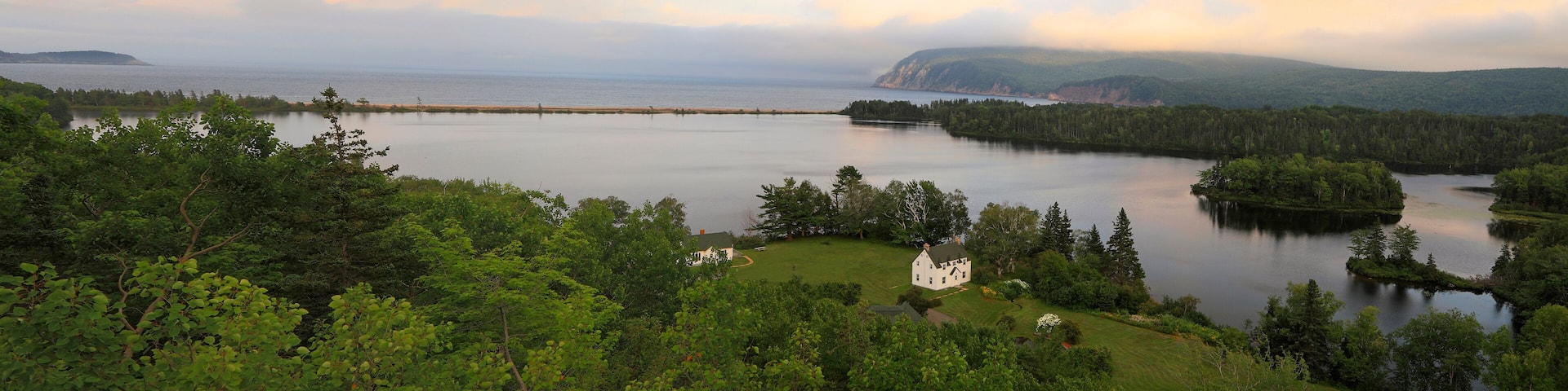 Lake and Atlantic ocean, panoramic view from Freshwater Look-off in Ingonish, Nova Scotia
