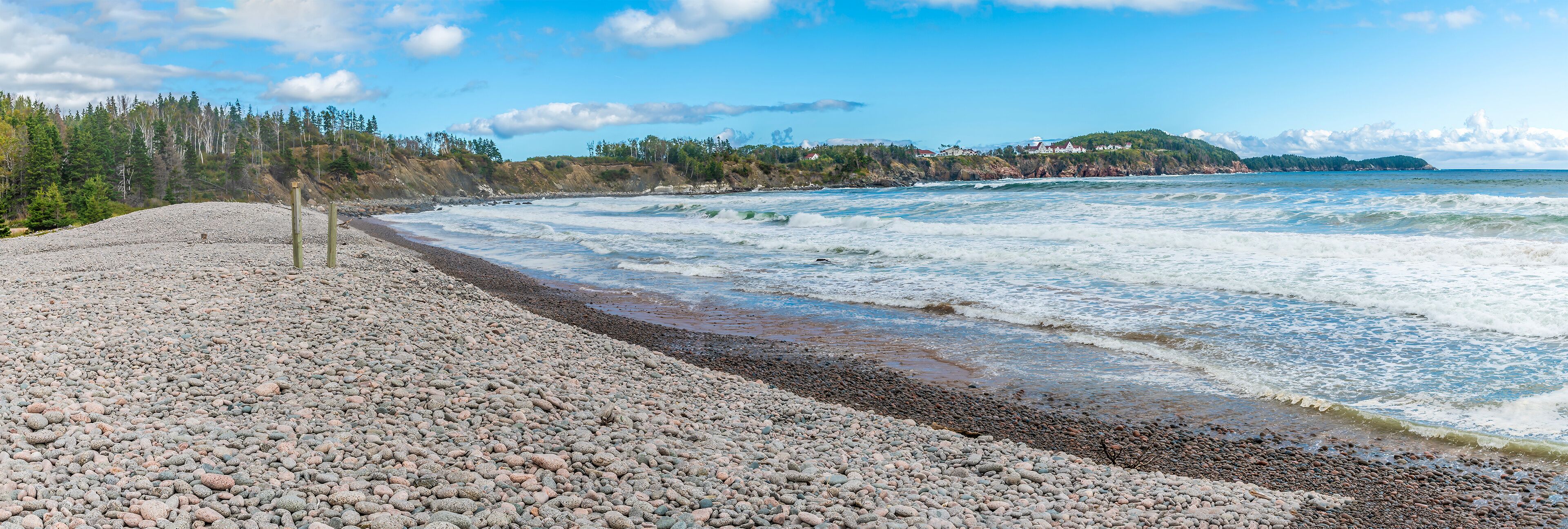 A panorama view along Ingonish beach on the Cabot Trail Nova Scotia, Canada in the fall