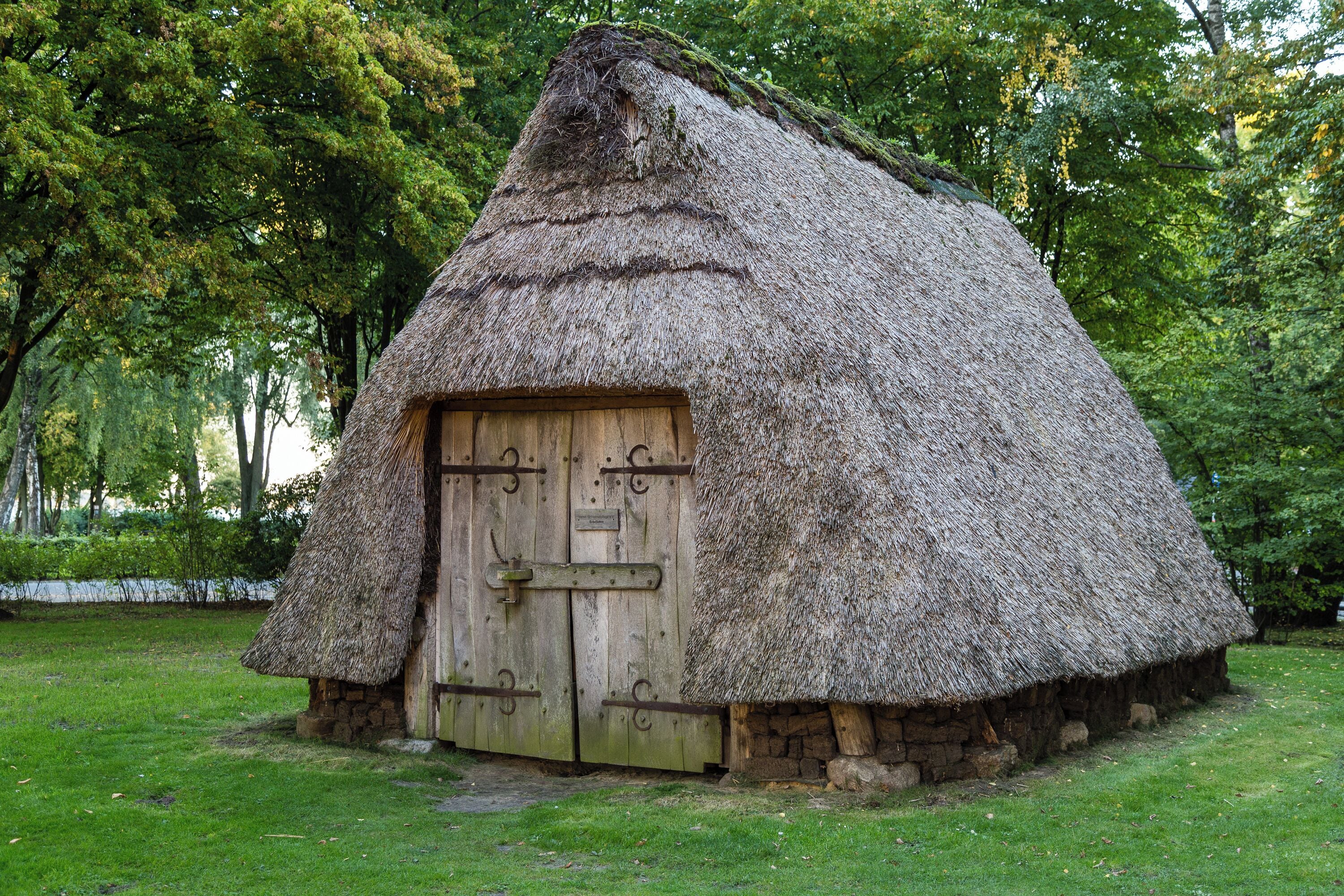 A thatched-roof hut with a wooden door, surrounded by lush greenery.
