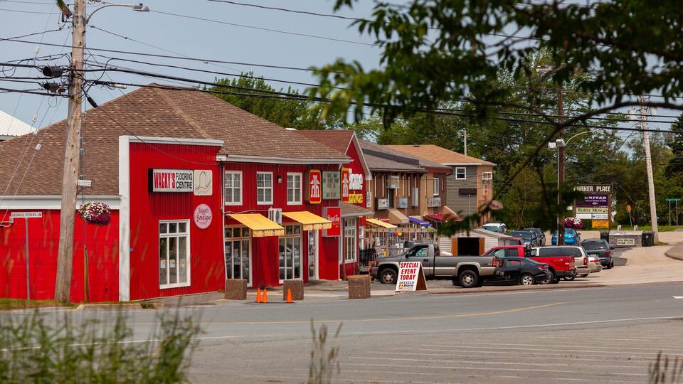 A street with red buildings, including a store named 'Wacky's Centre' and a 'Special Event' sign.