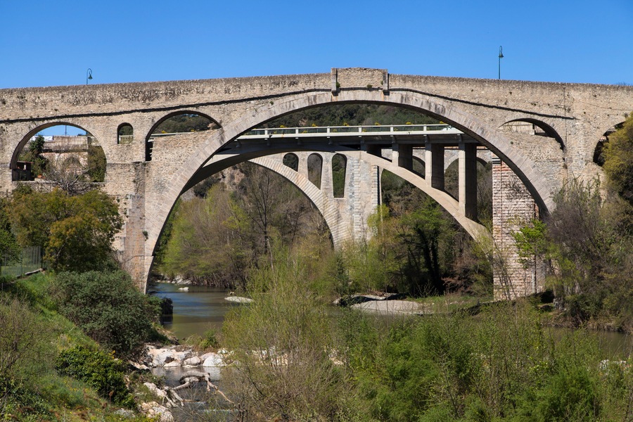 EKKRXY Medieval stone arch bridge Pont du Diable in Ceret, Languedoc-Roussillon, France.