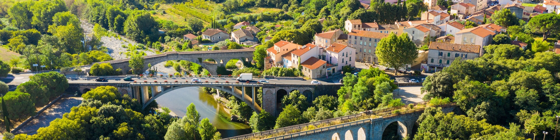 A stone bridge over a river, surrounded by lush greenery and a town with red-roofed buildings.