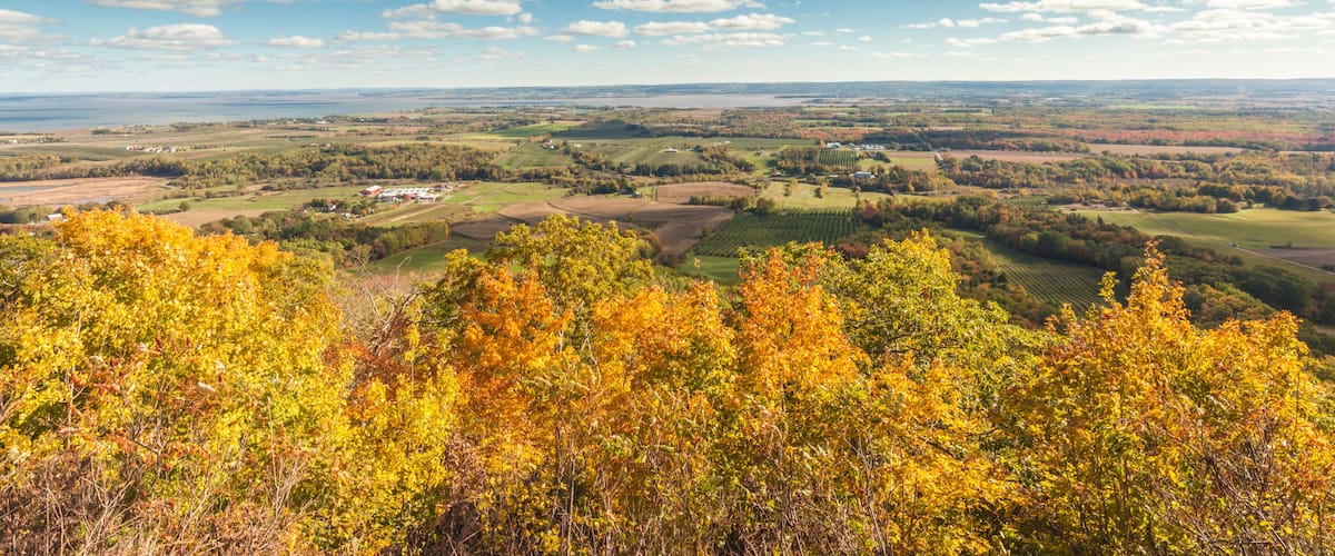 A panoramic view of a valley with autumn foliage, distant fields, and scattered houses under a clear blue sky.