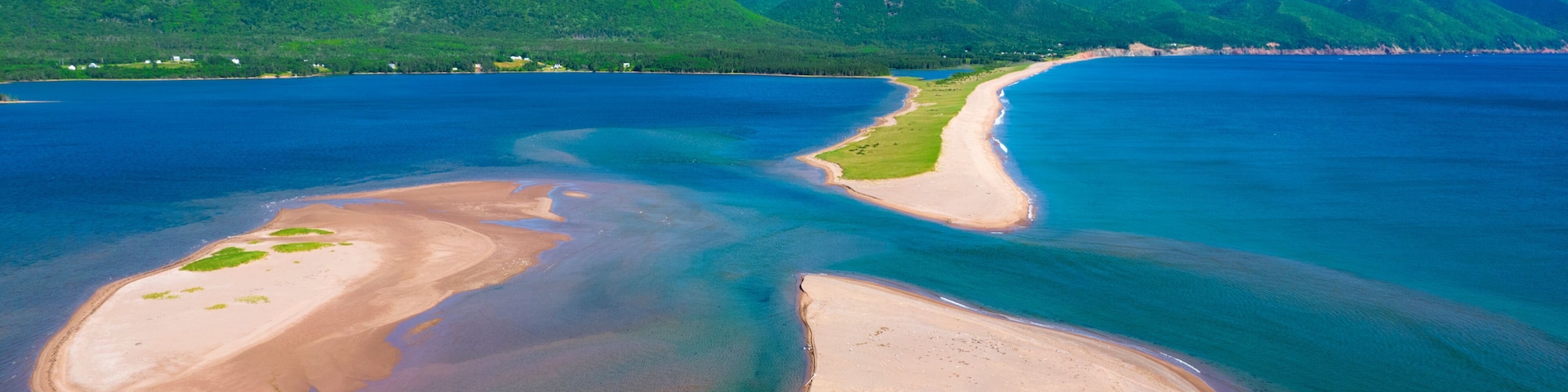 Paisagem costeira com praia de areia, águas azul-claras e colinas verdes ao fundo.