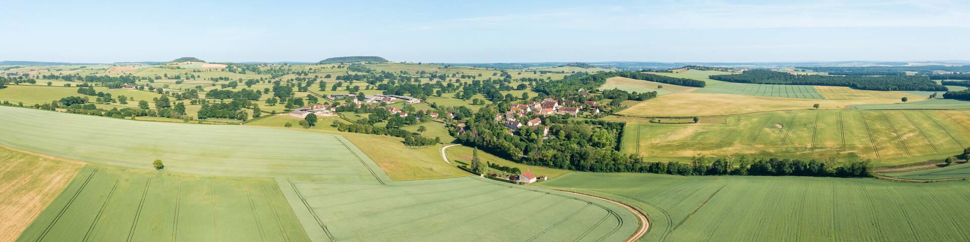 A French village in the green countryside in Europe, France, Burgundy, Nievre, Cuncy les Varzy, towards Clamecy, in summer on a sunny day.