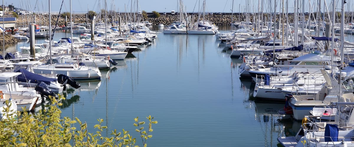 Port of Pornichet and foliage tree in the foreground in Pays de la Loire region in western France; Shutterstock ID 88421275; purchase_order: SP-1332 HA Batch 2 August 2018; Order: ; client: HomeAway;