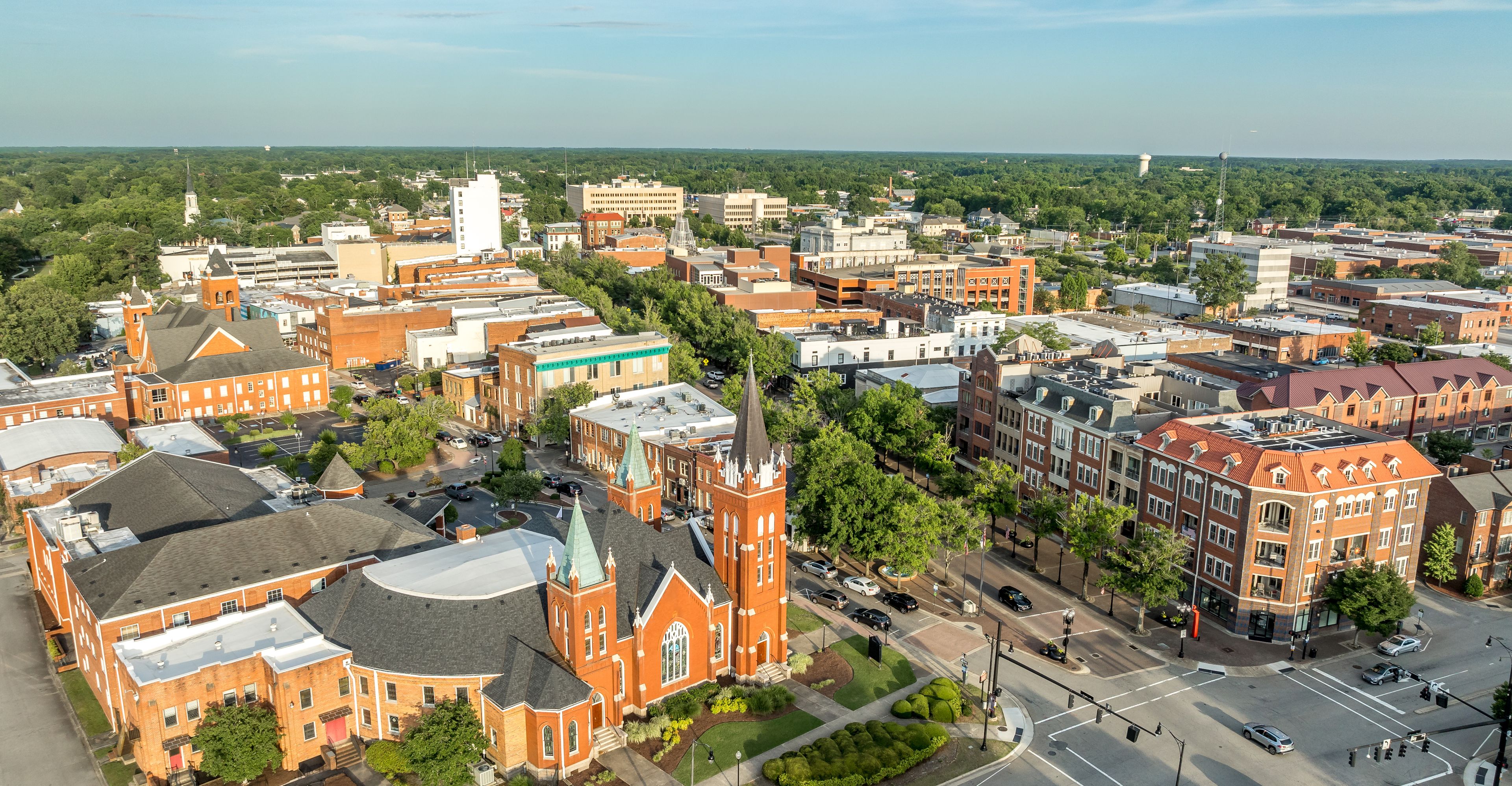 Aerial view of Fayetteville North Carolina downtown business district, main street in Cumberland county First Baptist Church. government buildings