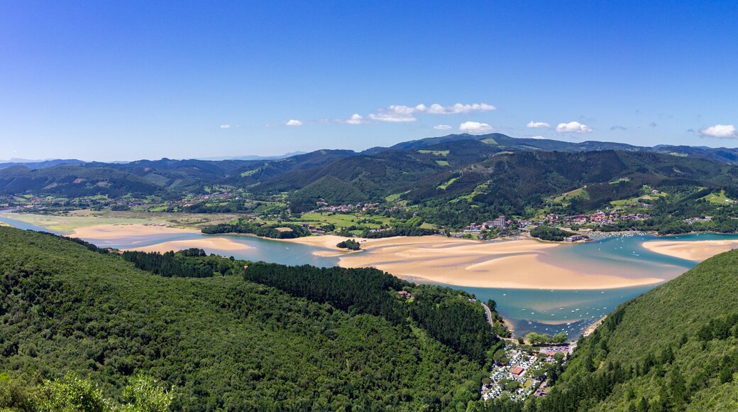 Paisagem costeira com uma baía, praias arenosas e colinas arborizadas.