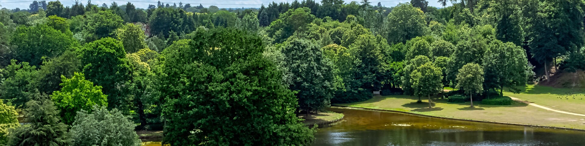 Um parque com um lago, árvores e um campo de golfe.
