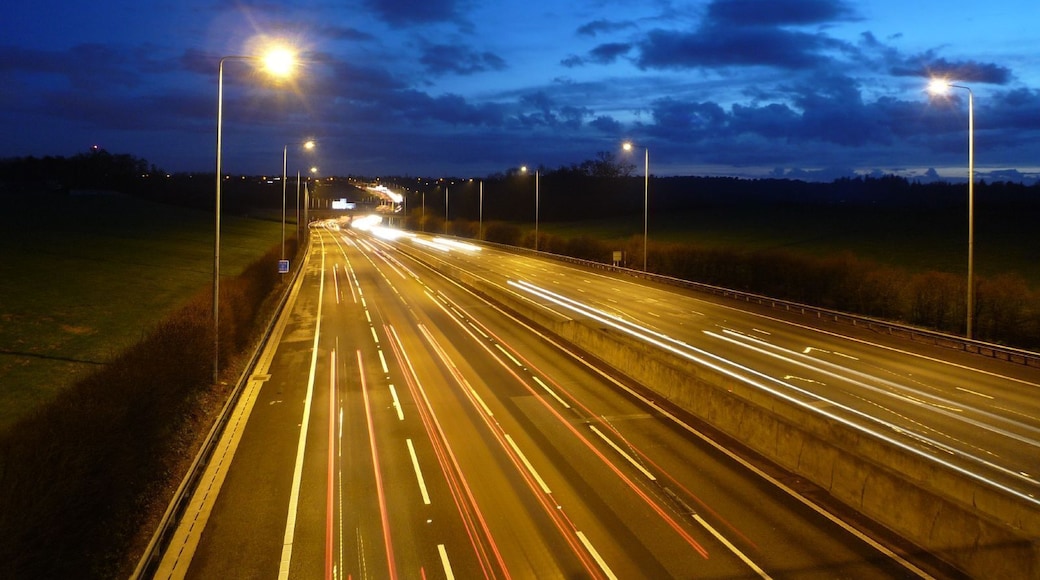 The newly widened M25 motorway at night near Gerrards Cross, Bucks, UK