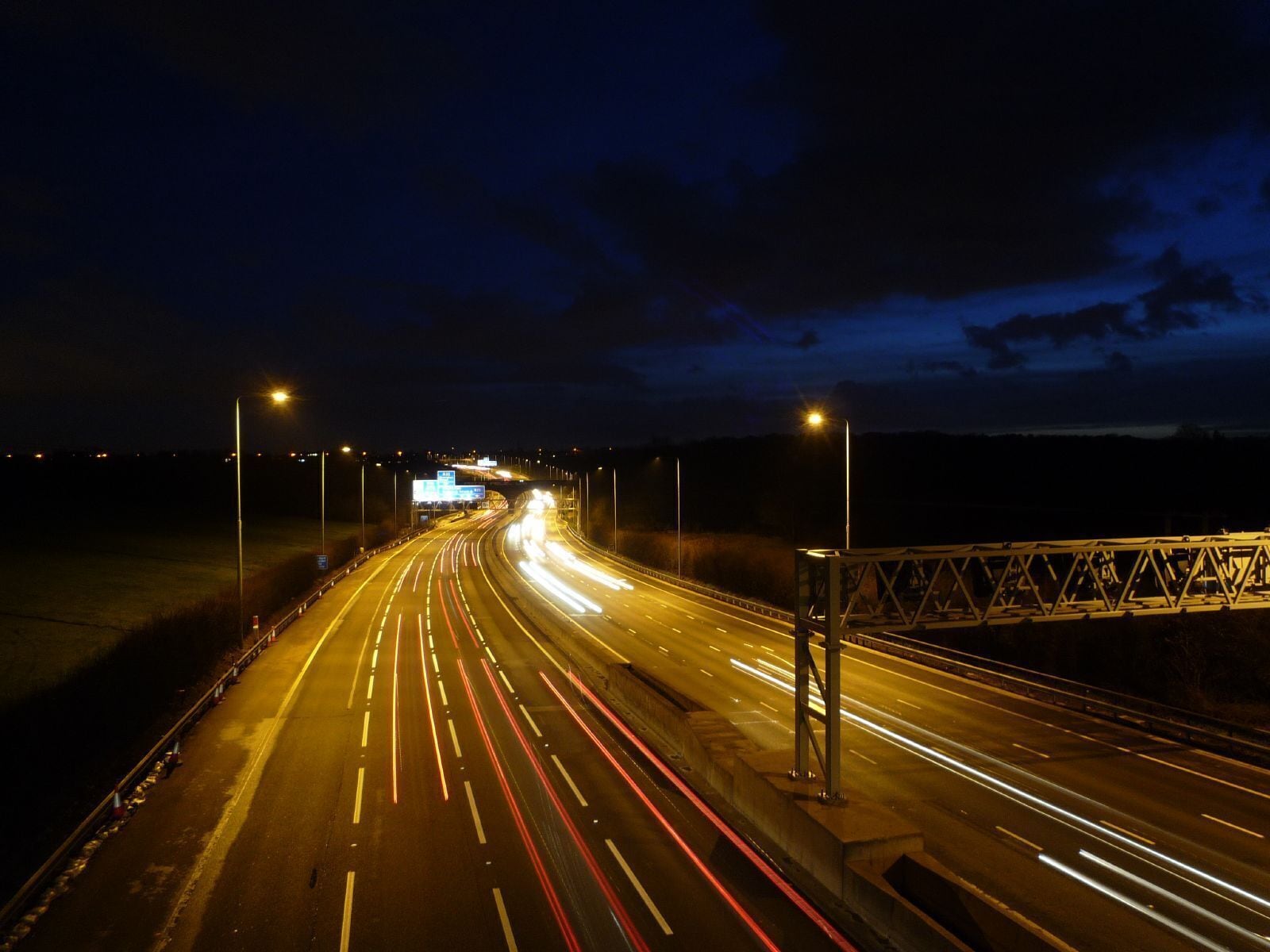 The newly widened M25 motorway at night near Gerrards Cross, Bucks, UK. This is how it looked without street lights .
