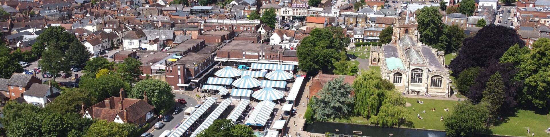 Hitchin Hertfordshire, market town England UK drone aerial view..