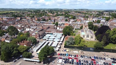 Hitchin Hertfordshire, market town England UK drone aerial view..