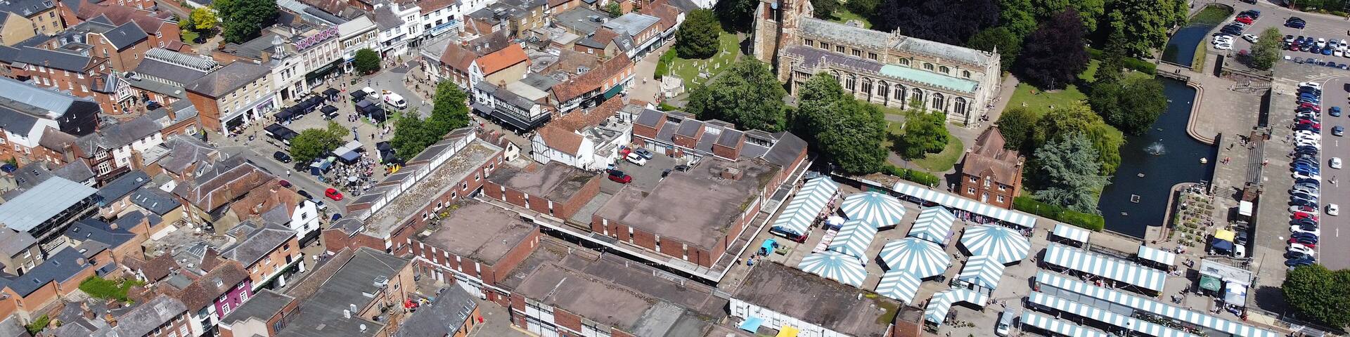 Hitchin Hertfordshire, market town England UK drone aerial view..
