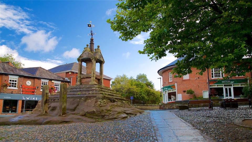 A historic stone tower with a weather vane, cobblestone streets, and traditional brick buildings.