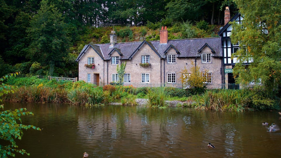 A stone house with a pond in front, surrounded by greenery and trees.