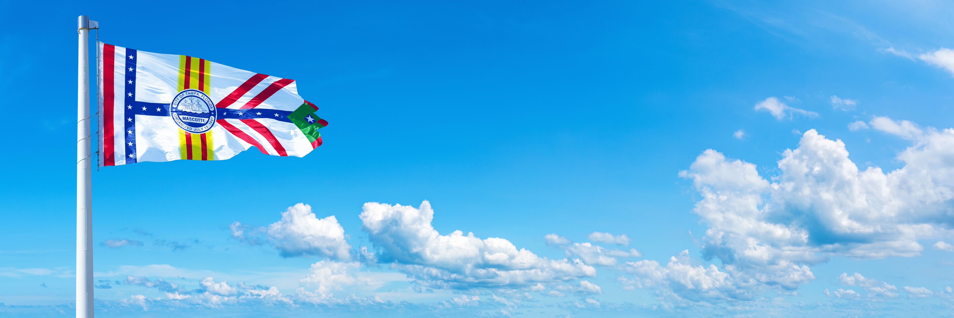 A flag on a pole with a blue sky and clouds in the background.
